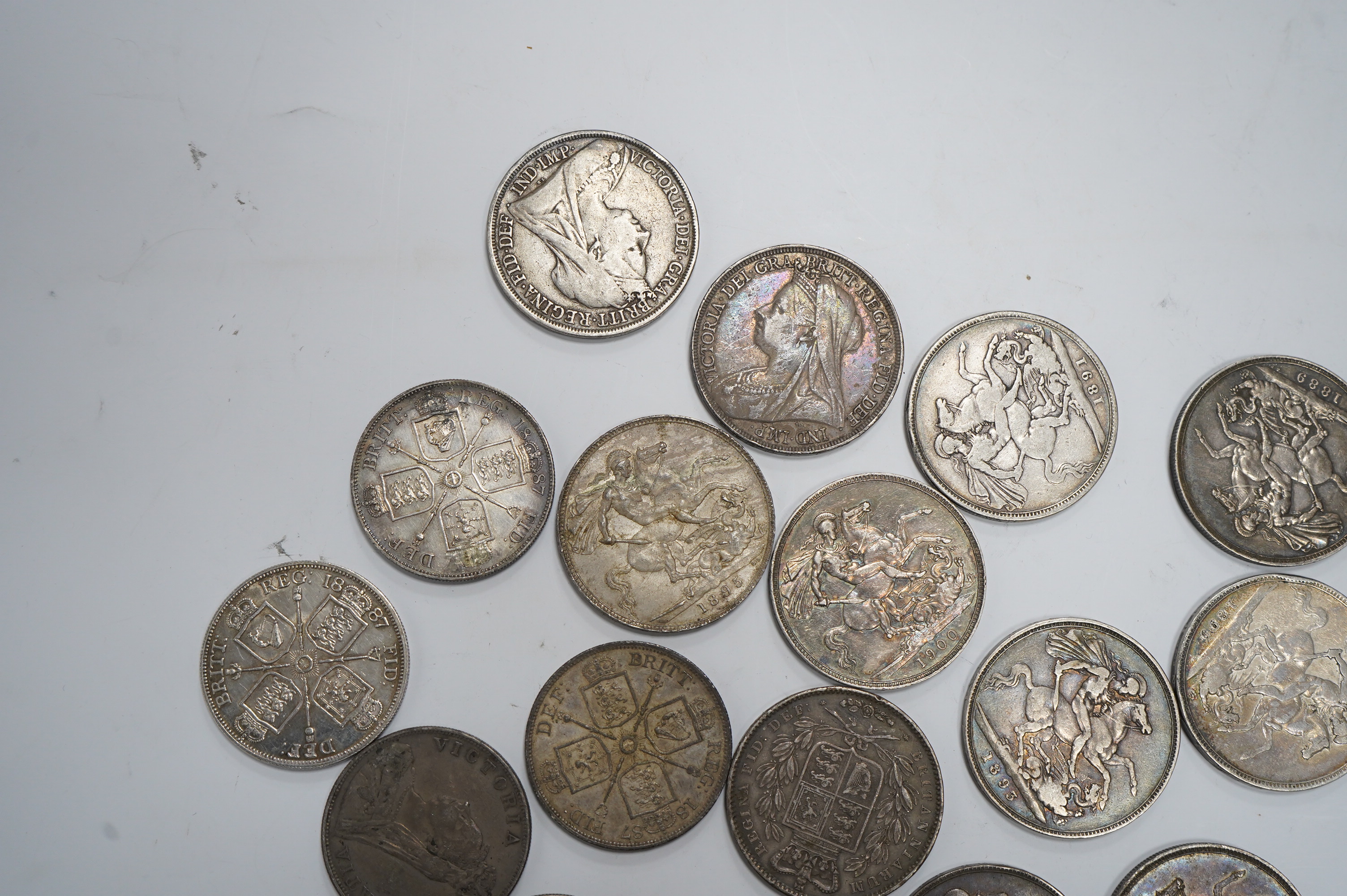 British silver coins, Victoria, twelve crowns including 1845, five double florins, two 1887 Good VF